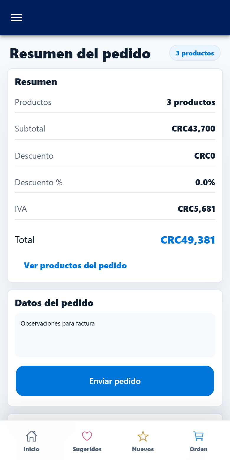 Pantalla real de Triquimas: resumen del pedido con importes y observaciones. Datos de ejemplo.